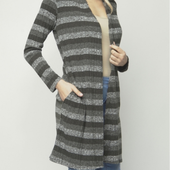 🖤Gray Striped Long Open Cardigan - Picture 3 of 3